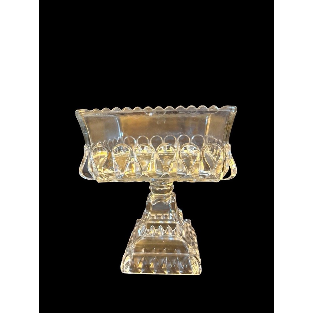 Vtg Jeannette Clear Glass Wedding 8” Open Square Pedestal Compote Scalloped Edge